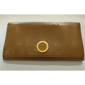 BVLGARI Long Wallet Brown Leather Metal Logo Snap GUC